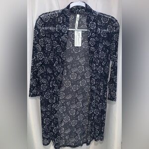 NY Collection Duster Wrap Navy White Floral Sheer Kimono Medium NWT